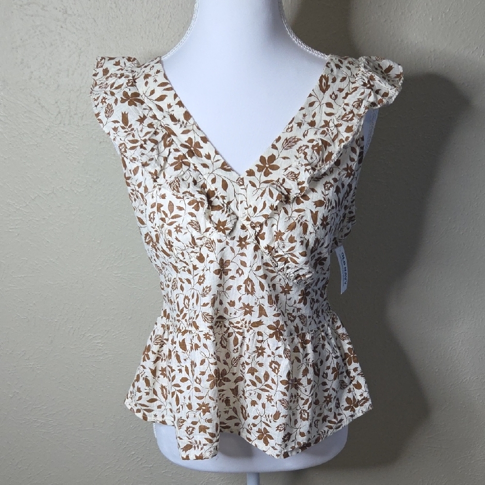 NWT Old Navy Floral Ruffle Blouse - Cream and Brown, Sz Medium, $39.99